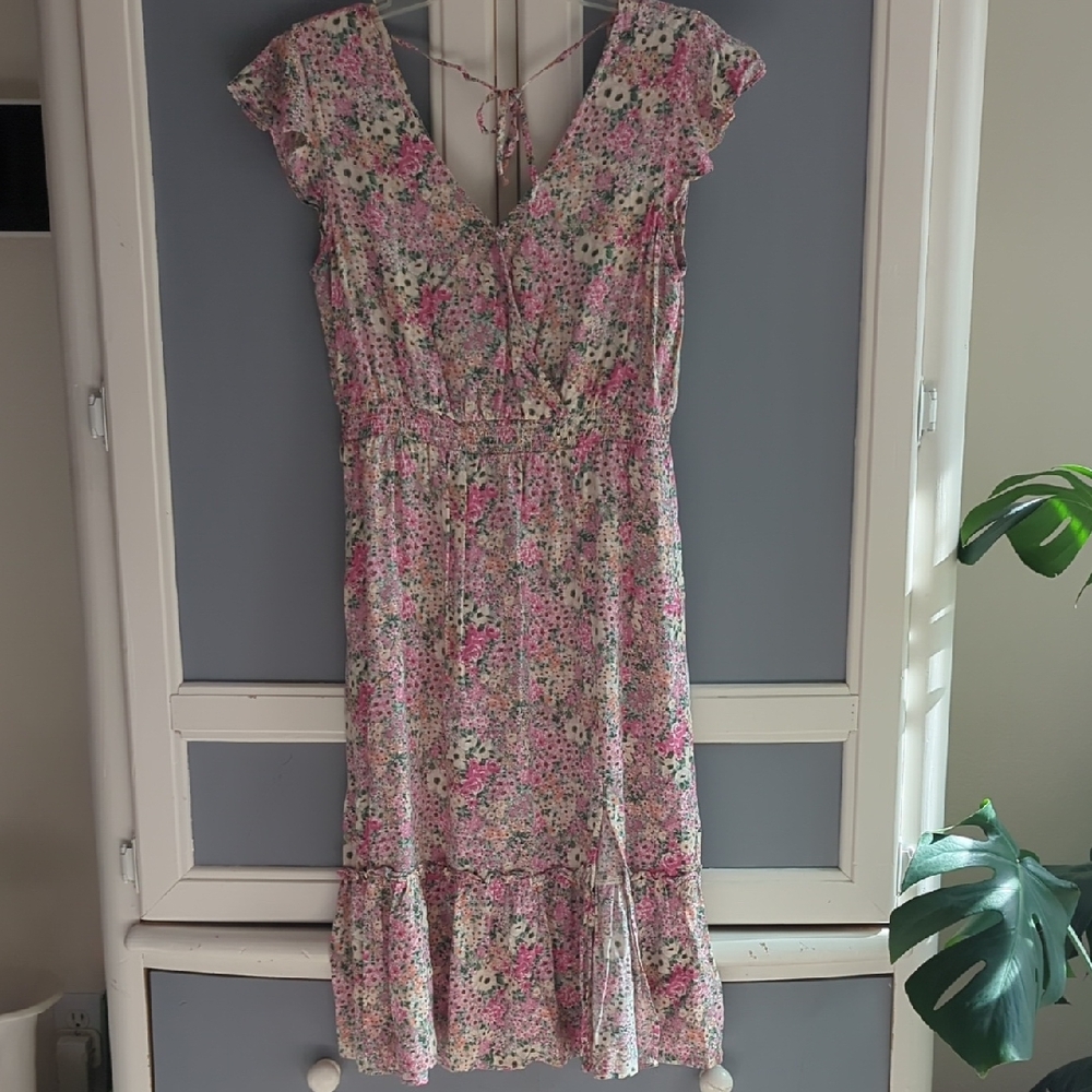 The General Good Pink Floral Midi Dress – Cottagecore Ruffle Hem Tie Back